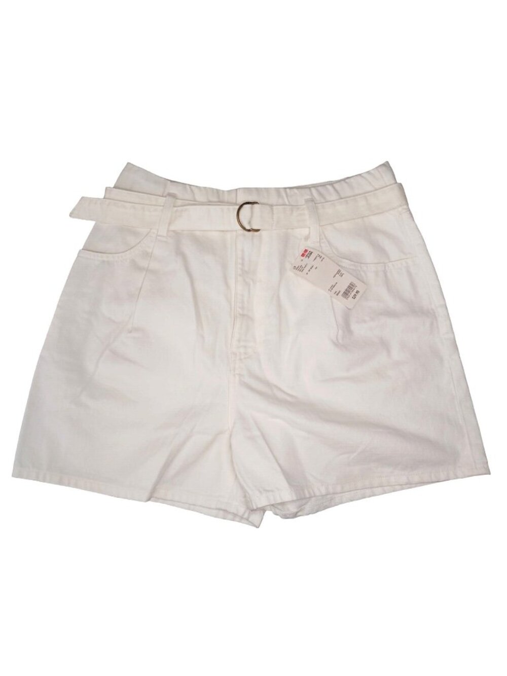 NWT UNIQLO Womens High Waisted Wide Leg Belted Denim Shorts Off White Size 26